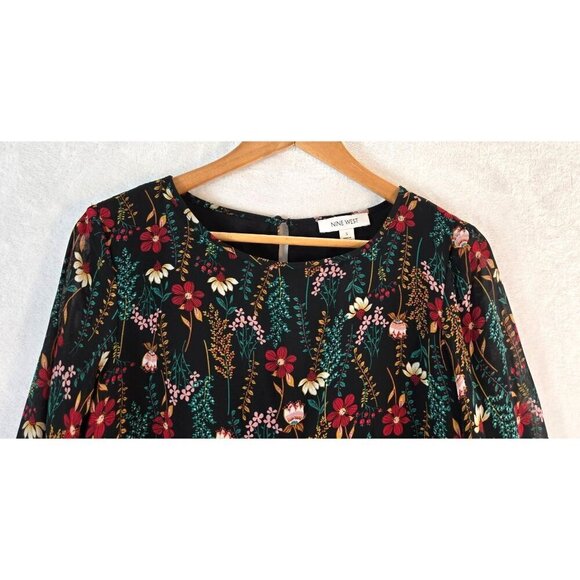 Floral Blouse Black Multi Color Nine West S Long Sheer Sleeve Lined Body Career - Picture 3 of 13